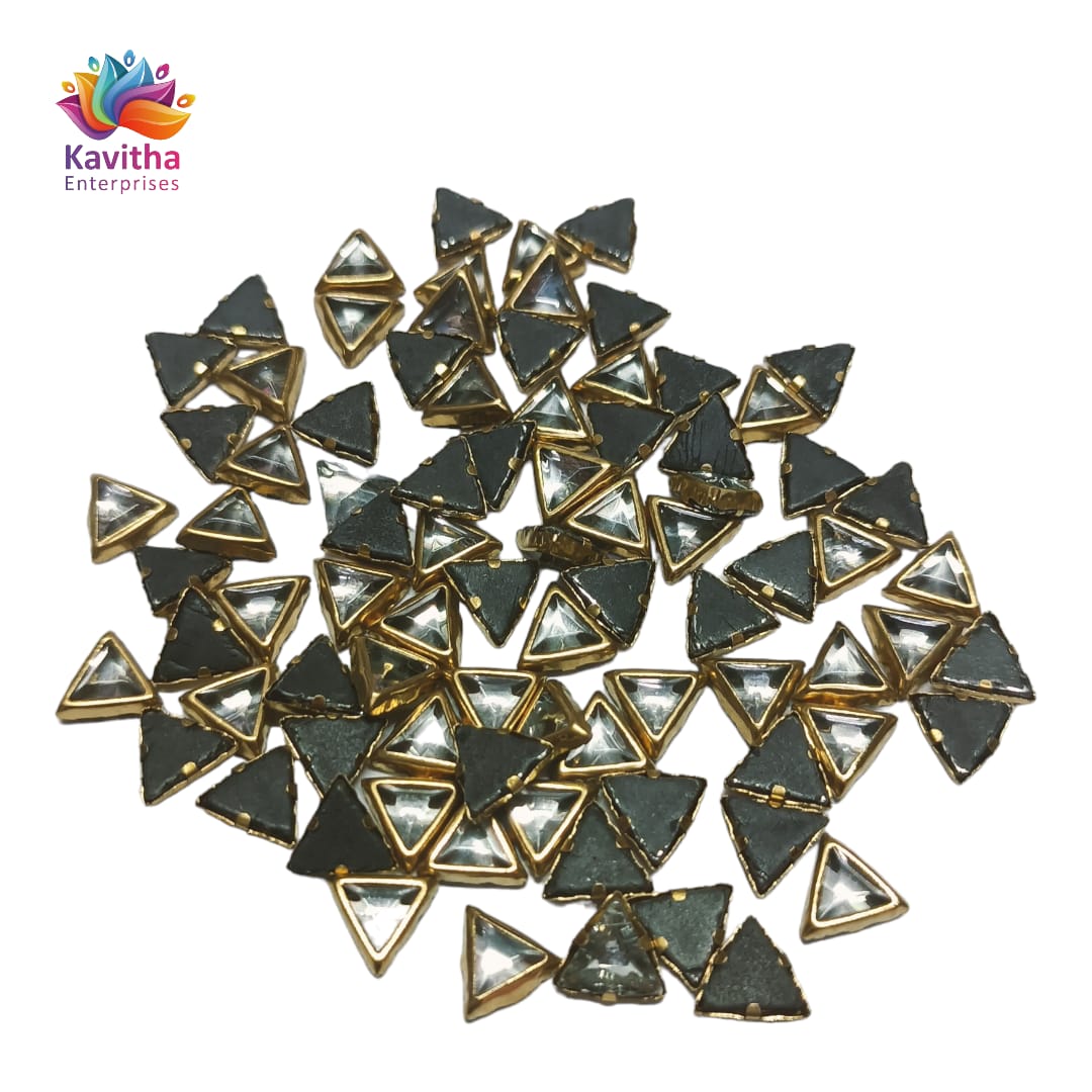 **White Triangle Shape Fitting Kundan Stones for Silk Thread Jewelry, Aari Work, Embroidery, Craft - Available in Sizes 4x4x4, 6x6x6, 8x8x8 - Pack of 20g, 50g, 100g**