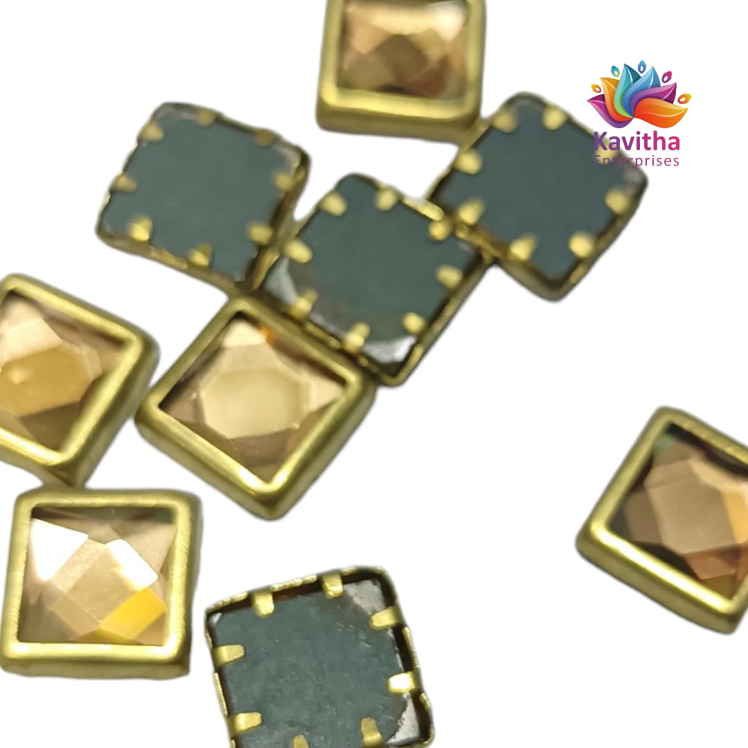 Gold Square Shape Fitting Kundan Stones for Silk Thread Jewelry, Aari Work, Embroidery, Craft - Sizes 4x4, 6x6, 8x8