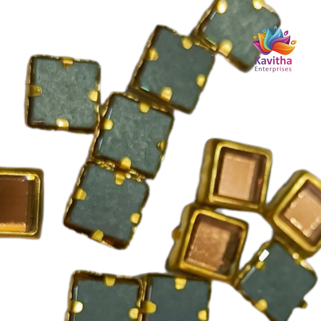 Gold Square Shape Fitting Kundan Stones for Silk Thread Jewelry, Aari Work, Embroidery, Craft - Sizes 4x4, 6x6, 8x8