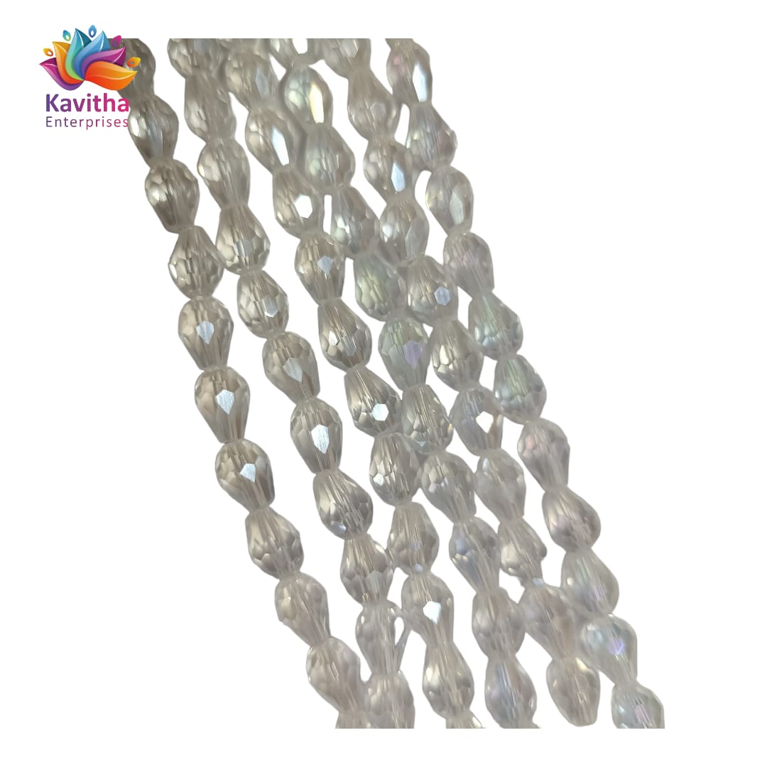 Transparent Drop/Briolette Crystal Bead String - 6*8 mm, 55 Beads for Jewellery Making, Beading, Embroidery, Art and Craft