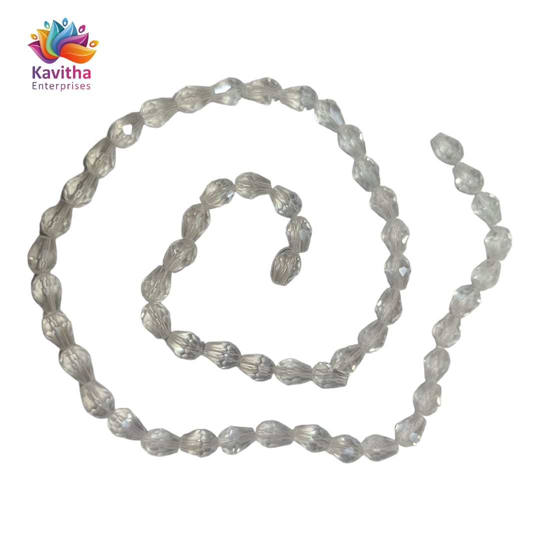 Transparent Drop/Briolette Crystal Bead String - 6*8 mm, 55 Beads for Jewellery Making, Beading, Embroidery, Art and Craft