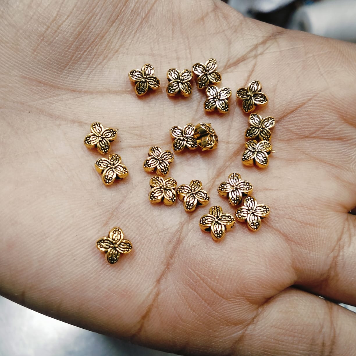 Antique Metal Gold Beads flower shape, For Jewelry ,Bracelet ,Necklace , Saree Tassels Making Sold By 40 Gram (Approx 126 Beads )