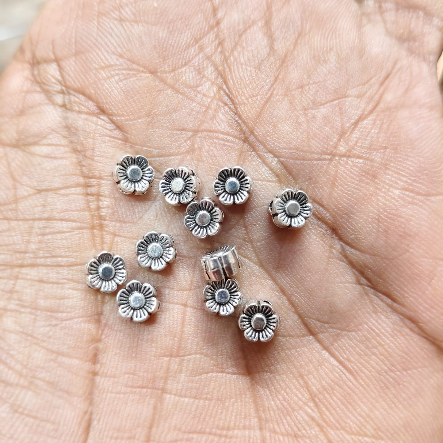 Antique Metal silver Beads flower shape, For Jewelry ,Bracelet ,Necklace , Saree Tassels Making Sold By 40 Gram (Approx 100 Beads )