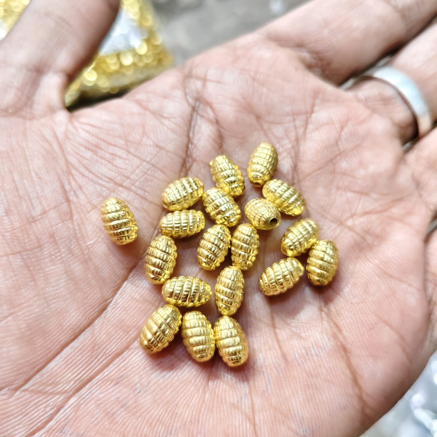 Bright Gold Oval Ribbed CCB Beads for Saree Tassels, Jewelry Making & Embroidery Work – Lightweight Plastic Designer Beads (50g Pack) | Kavitha Enterprises