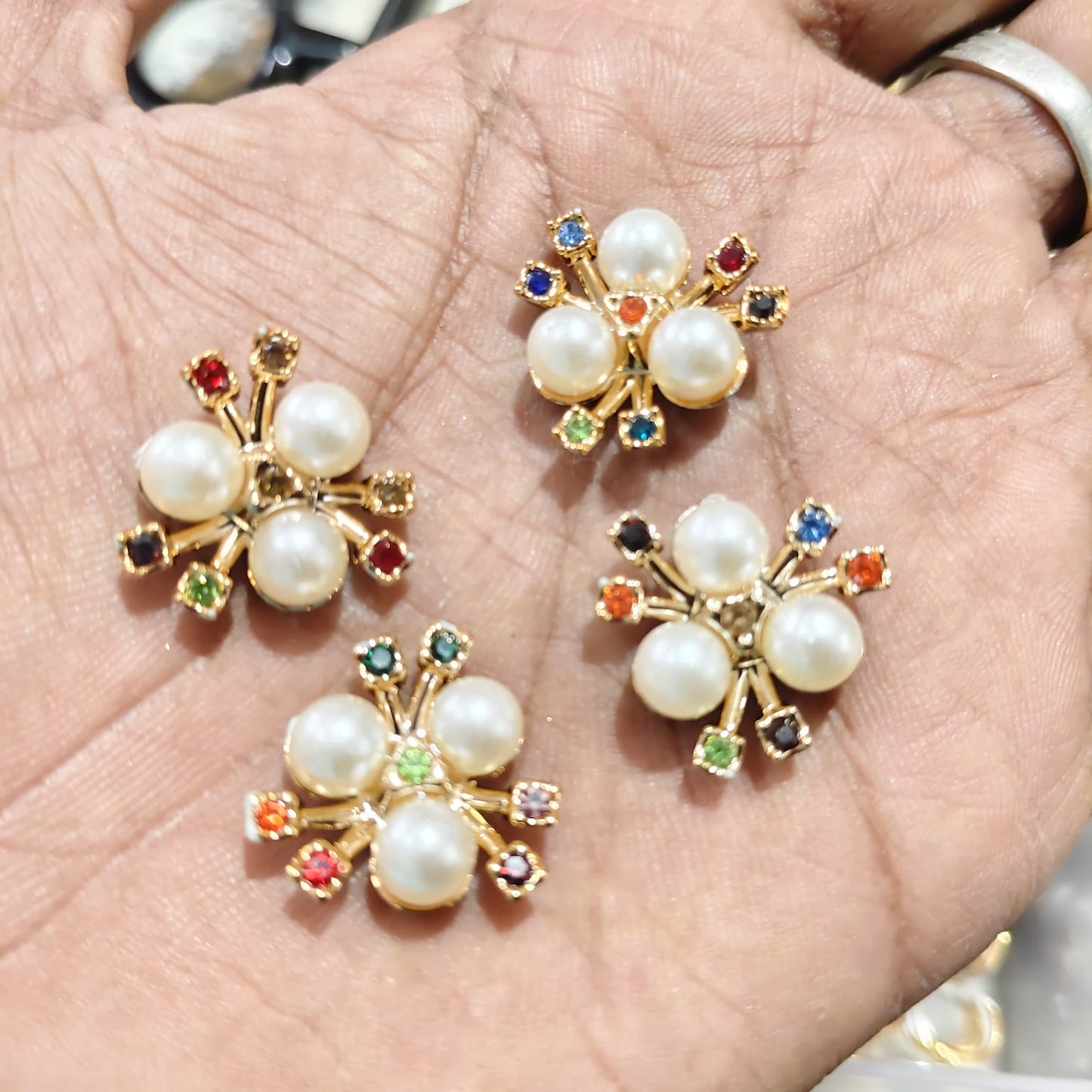 Cream Pearl Flower With Multicolor Rhinestones for Jewellery Making | Kavitha Enterprises