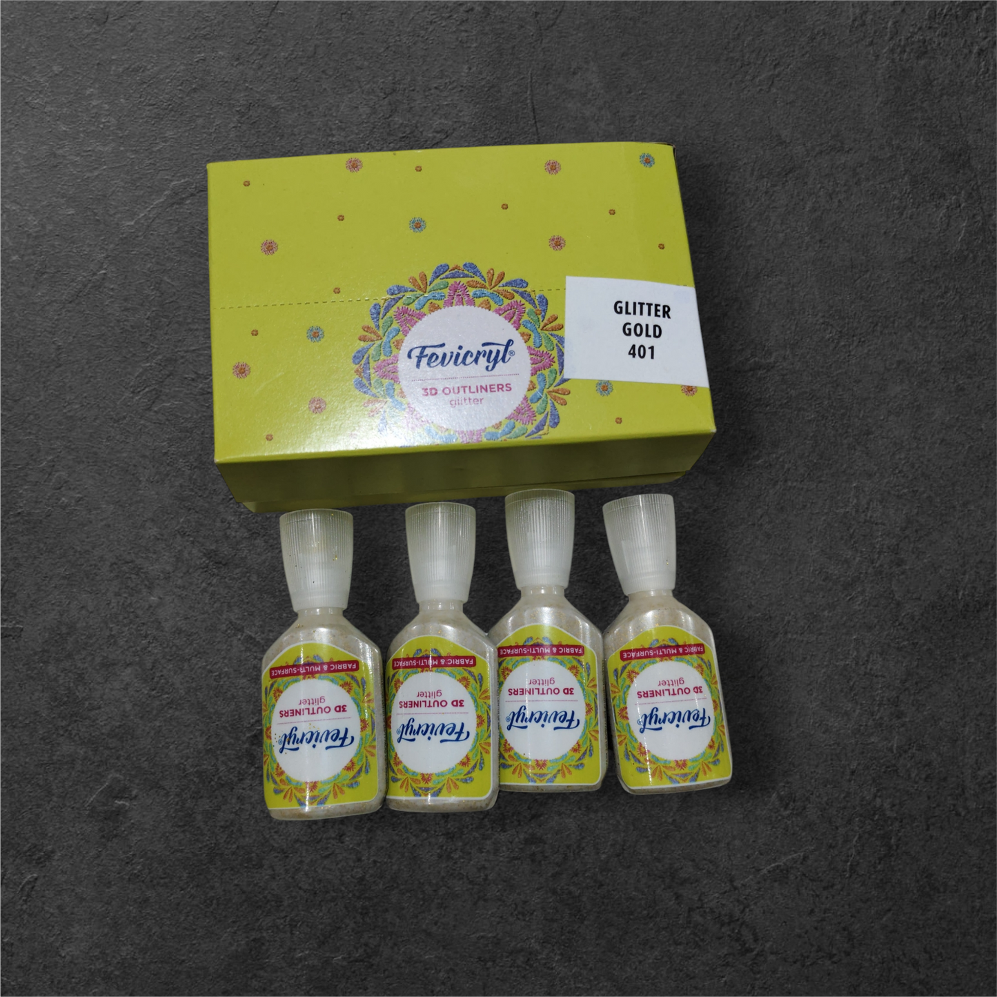 Fevicryl 3D Outliners Glitter Gold 401 – Fabric & Multi-Surface | Pack of 1 | Kavitha Enterprises