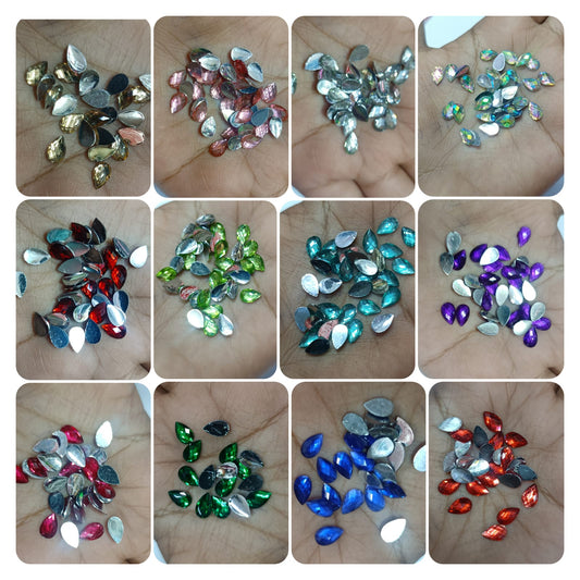 ## Kundan Stones for Aari Work/Embroidery and Jewellery Making - Teardrop Shape (5x8mm) - 50g - Assorted Colors (Red, Green, Pink, Gold, Maroon, Purple, Multi-Color, etc.) - 12 Colors