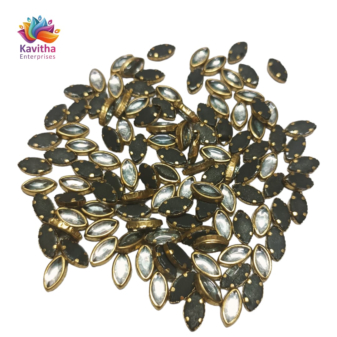 **White Eye-Shaped Kundan Stones for Silk Thread Jewelry, Aari Work, Embroidery, and Craft** - Available in Sizes 3*6, 4*6, 8*10 - Packs of 20g, 50g, 100g