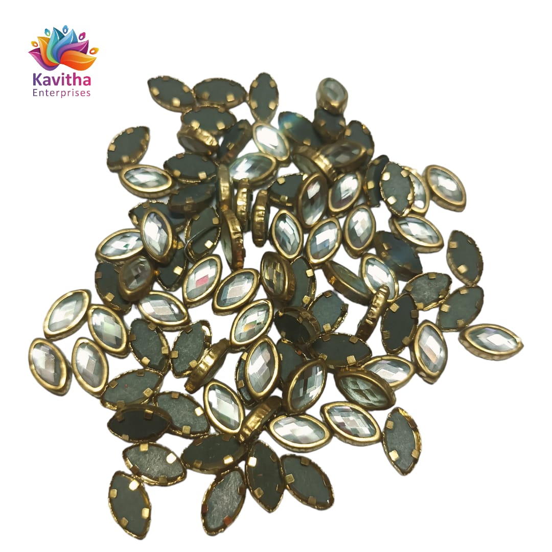 **White Eye-Shaped Kundan Stones for Silk Thread Jewelry, Aari Work, Embroidery, and Craft** - Available in Sizes 3*6, 4*6, 8*10 - Packs of 20g, 50g, 100g