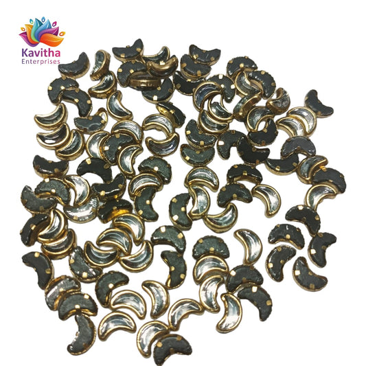 The White Moon Shape Fitting Kundan Stones are perfect for enhancing silk thread jewelry, Aari work, embroidery, and other crafts. Available in 5mm sizes, these stones come in packs of 20g, 50g, and 100g.