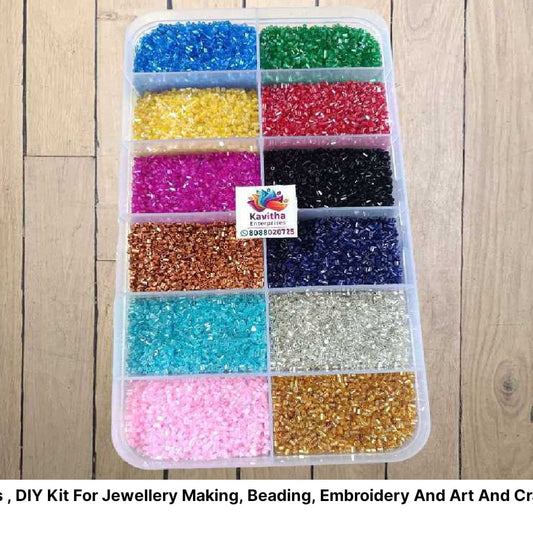 (KIT NO. 1 ) Glass Seed Beads ,Cut beads , DIY Kit For Jewellery Making, Beading, Embroidery And Art And Crafts, Size 12/0 (2mm) Storage box Free