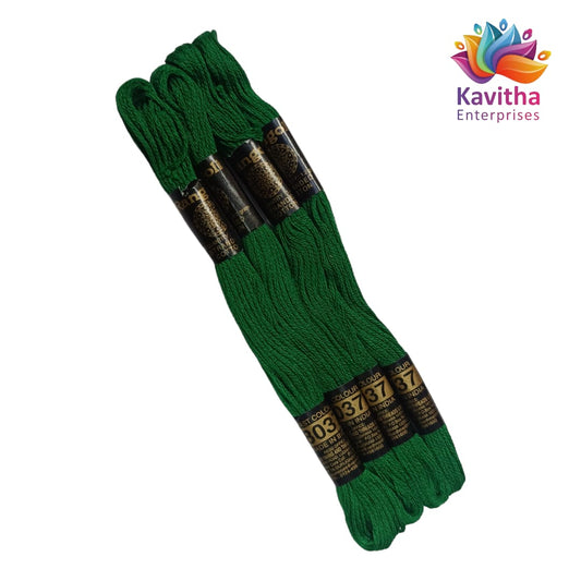 green Colour Rangoli Cotton Embroidery Threads - Pack of 4 Skeins (1.2g Each) - 100% Mercerised Cotton shade no 8037