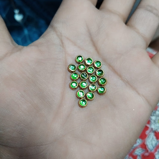 4mm Flat Glue-On Kundan Stones – parrot green Color, Round Shape, 20-Gram Pack for Craft, Jewellery, Bangles, and Embroidery Work