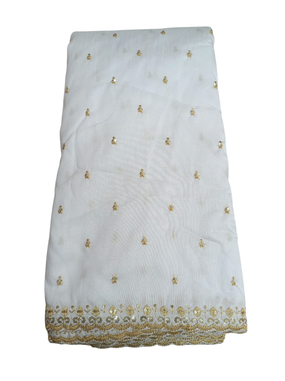 Premium White Banglori Silk Fabric with Golden Sequin Embroidery Border for Blouse, Lehenga, Kurti, Dupatta – 1m / 2m / 3m Pack – Party Wear Dress Material