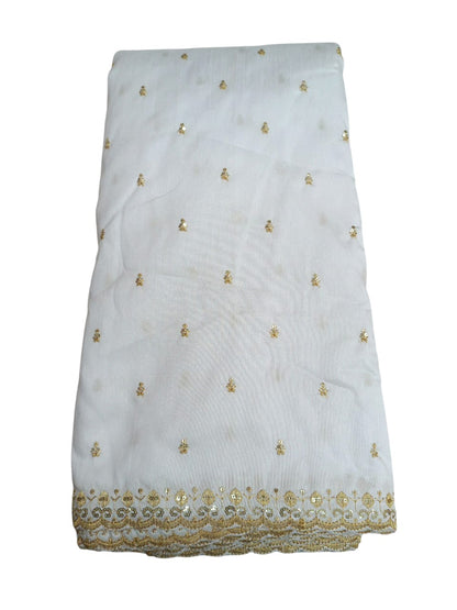 Premium White Banglori Silk Fabric with Golden Sequin Embroidery Border for Blouse, Lehenga, Kurti, Dupatta – 1m / 2m / 3m Pack – Party Wear Dress Material