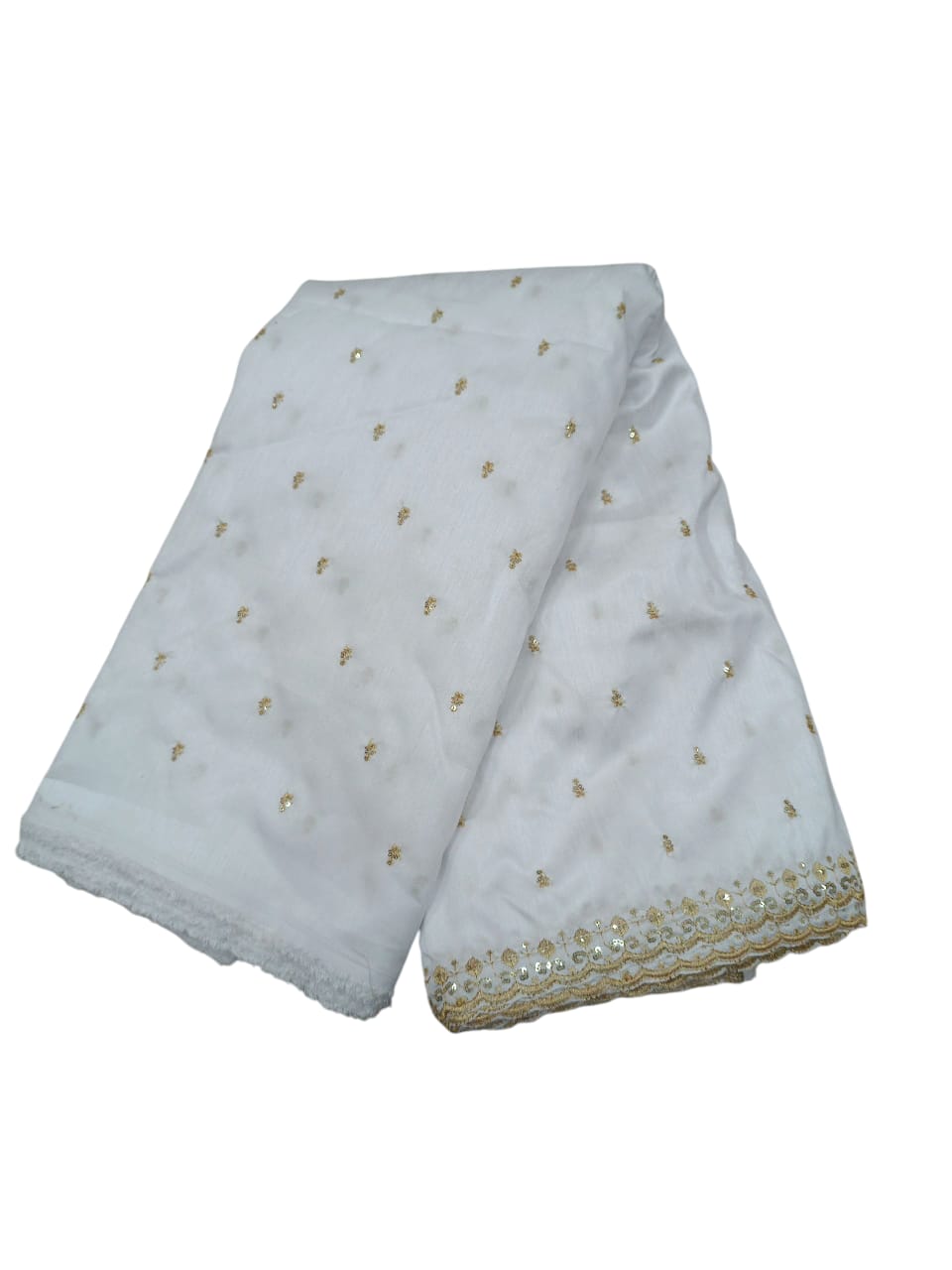 Premium White Banglori Silk Fabric with Golden Sequin Embroidery Border for Blouse, Lehenga, Kurti, Dupatta – 1m / 2m / 3m Pack – Party Wear Dress Material