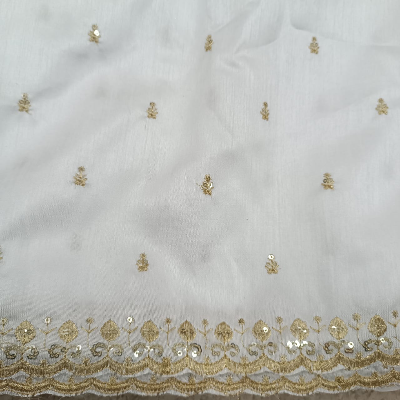 Premium White Banglori Silk Fabric with Golden Sequin Embroidery Border for Blouse, Lehenga, Kurti, Dupatta – 1m / 2m / 3m Pack – Party Wear Dress Material