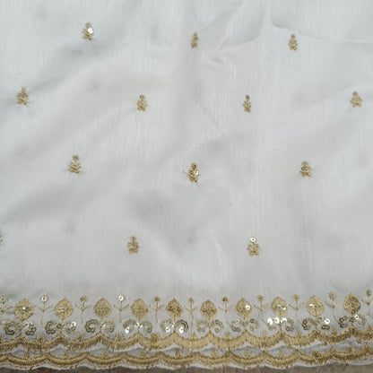 Premium White Banglori Silk Fabric with Golden Sequin Embroidery Border for Blouse, Lehenga, Kurti, Dupatta – 1m / 2m / 3m Pack – Party Wear Dress Material