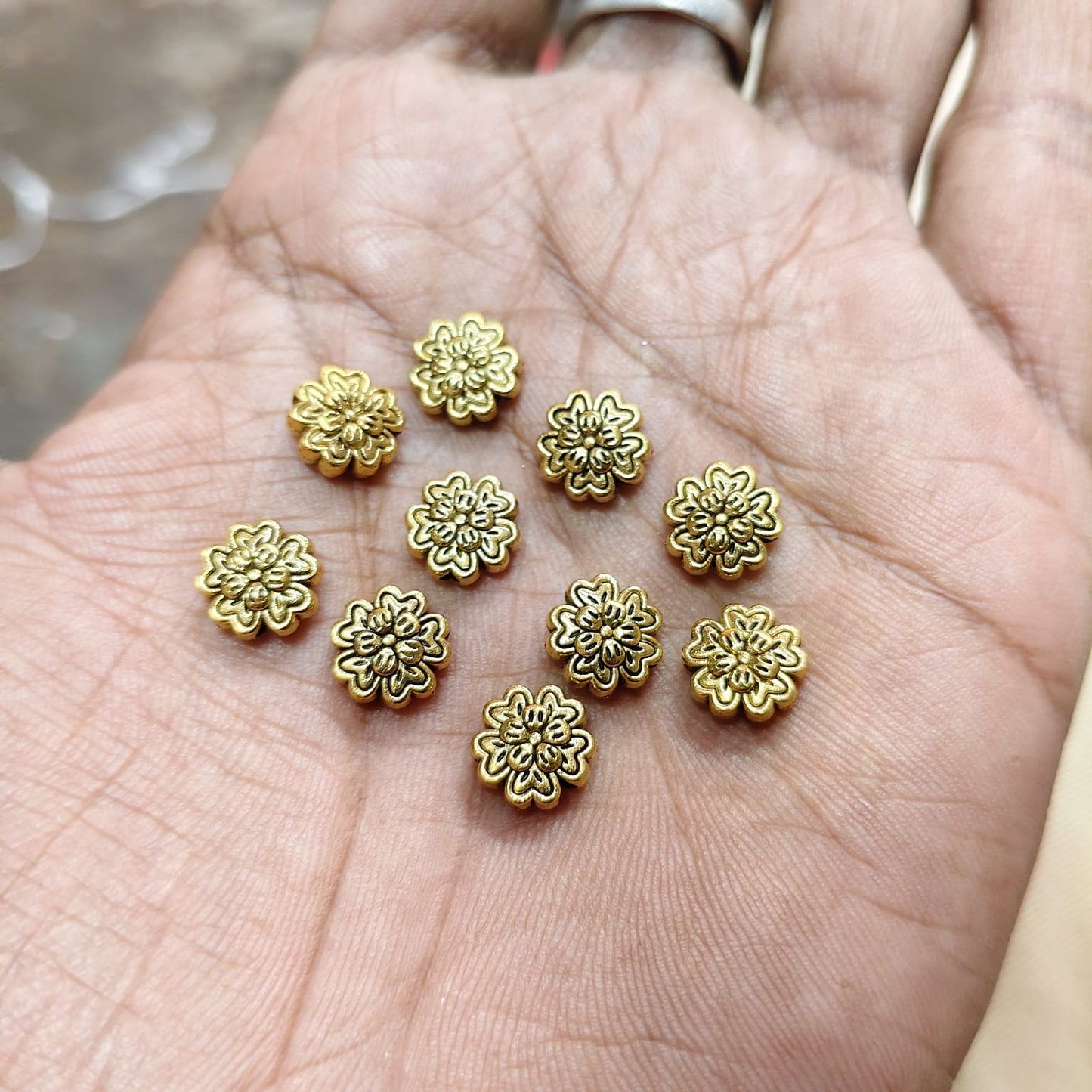 Antique Metal Gold Beads flower shape, For Jewelry ,Bracelet ,Necklace , Saree Tassels Making Sold By 40 Gram (Approx 36 Beads )