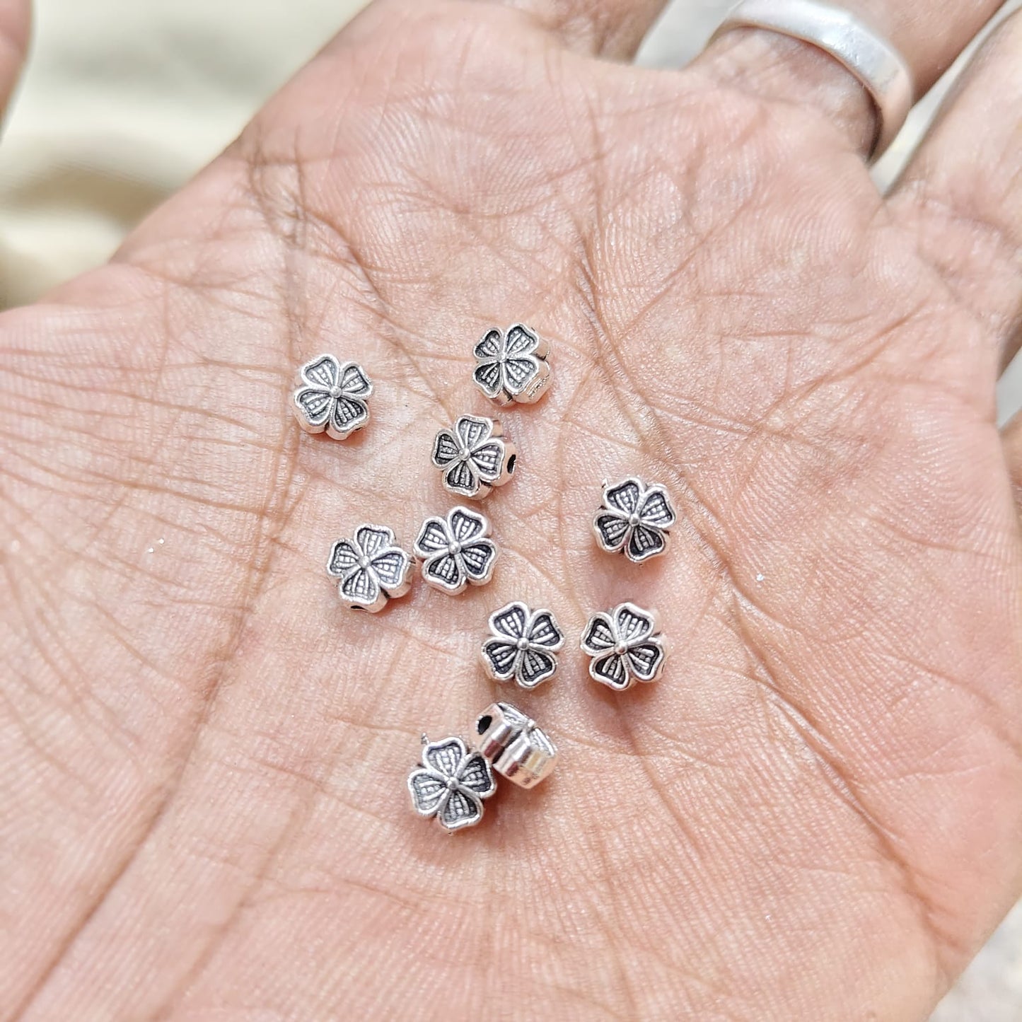 Antique Metal silver Beads flower shape, For Jewelry ,Bracelet ,Necklace , Saree Tassels Making Sold By 40 Gram (Approx 80 Beads )