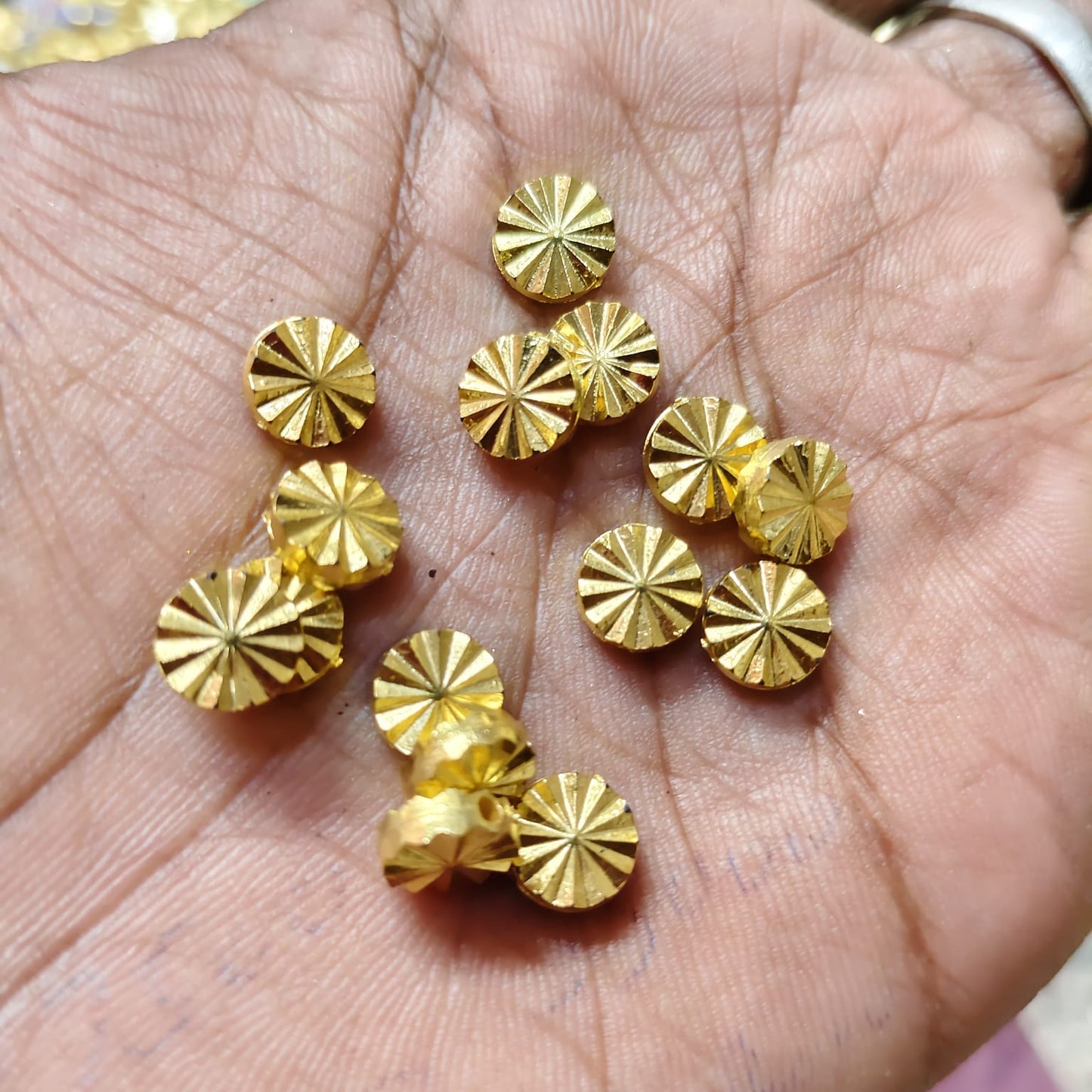 Bright Gold Round Sunburst CCB Beads for Saree Tassels, Jewelry Making & Embroidery – Designer Flat Disc Plastic Beads (50g Pack) | Kavitha Enterprises