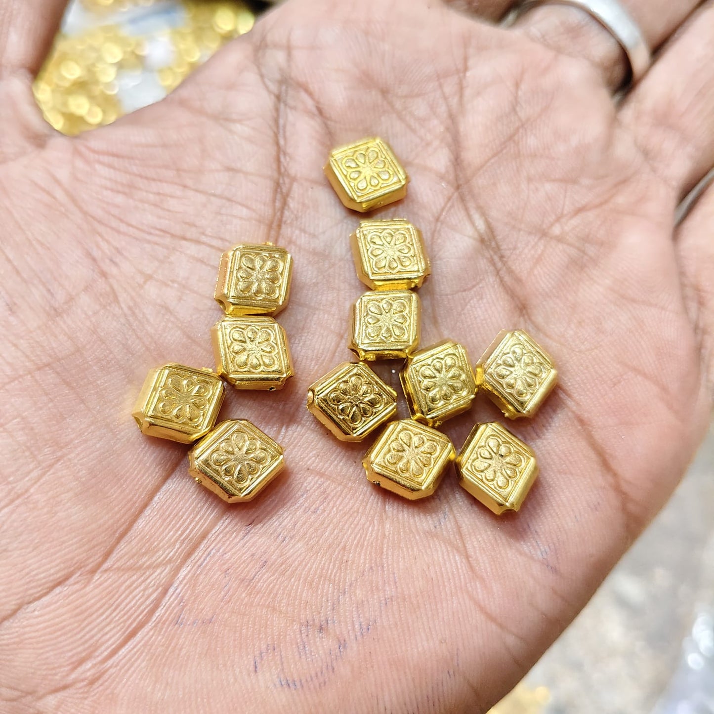 Bright Gold Square Designer CCB Beads for Saree Tassels, Jewelry Making & Embroidery Work – Floral Pattern Plastic Beads (50g Pack) | Kavitha Enterprises