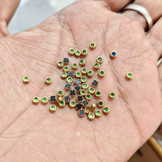 3mm Round Light Green Fitting Stones for Silk Thread Bangles, Aari Work & Jewellery Making | Gold Finish | Pack of 20g & 50g – Kavitha Enterprises