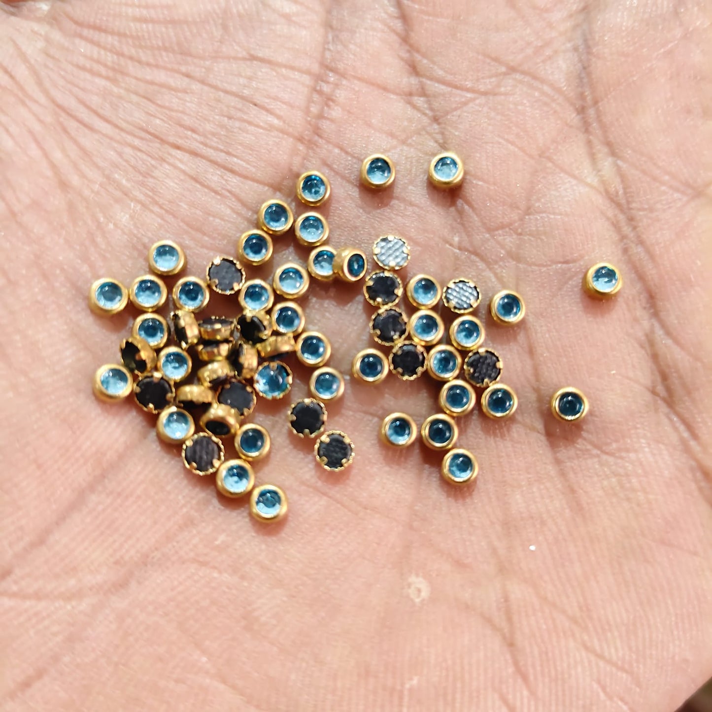 3mm Round Sky Blue Fitting Stones for Silk Thread Bangles, Aari Work & Jewellery Making | Gold Finish | Pack of 20g & 50g – Kavitha Enterprises