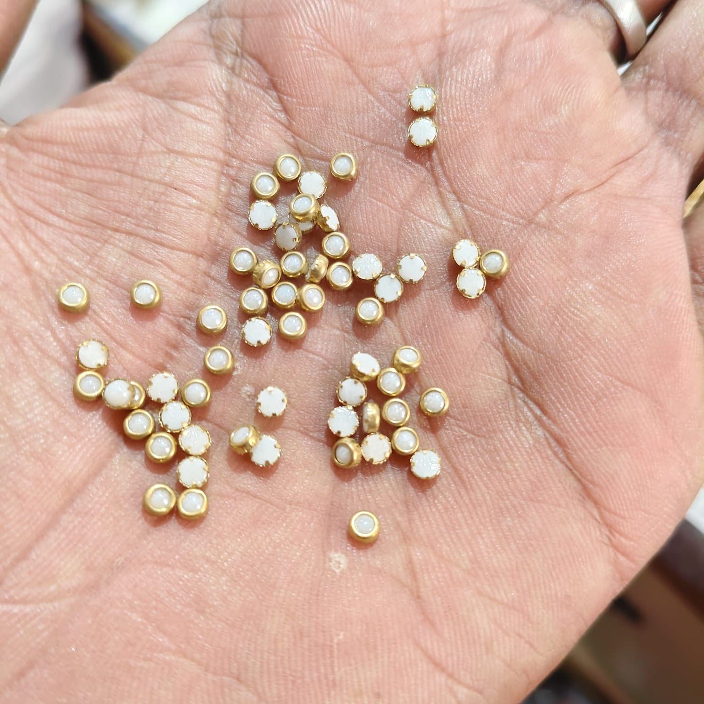 3mm Round Milky White Fitting Stones for Silk Thread Bangles, Aari Work & Jewellery Making | Gold Finish | Pack of 20g & 50g – Kavitha Enterprises