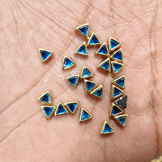 Triangle Shape Aqua Blue Fitting Stones for Aari Work, Silk Thread Bangles & Jewellery Making | Mini Triangle Kundan Stones Gold Finish | Pack of 20g & 50g – Kavitha Enterprises