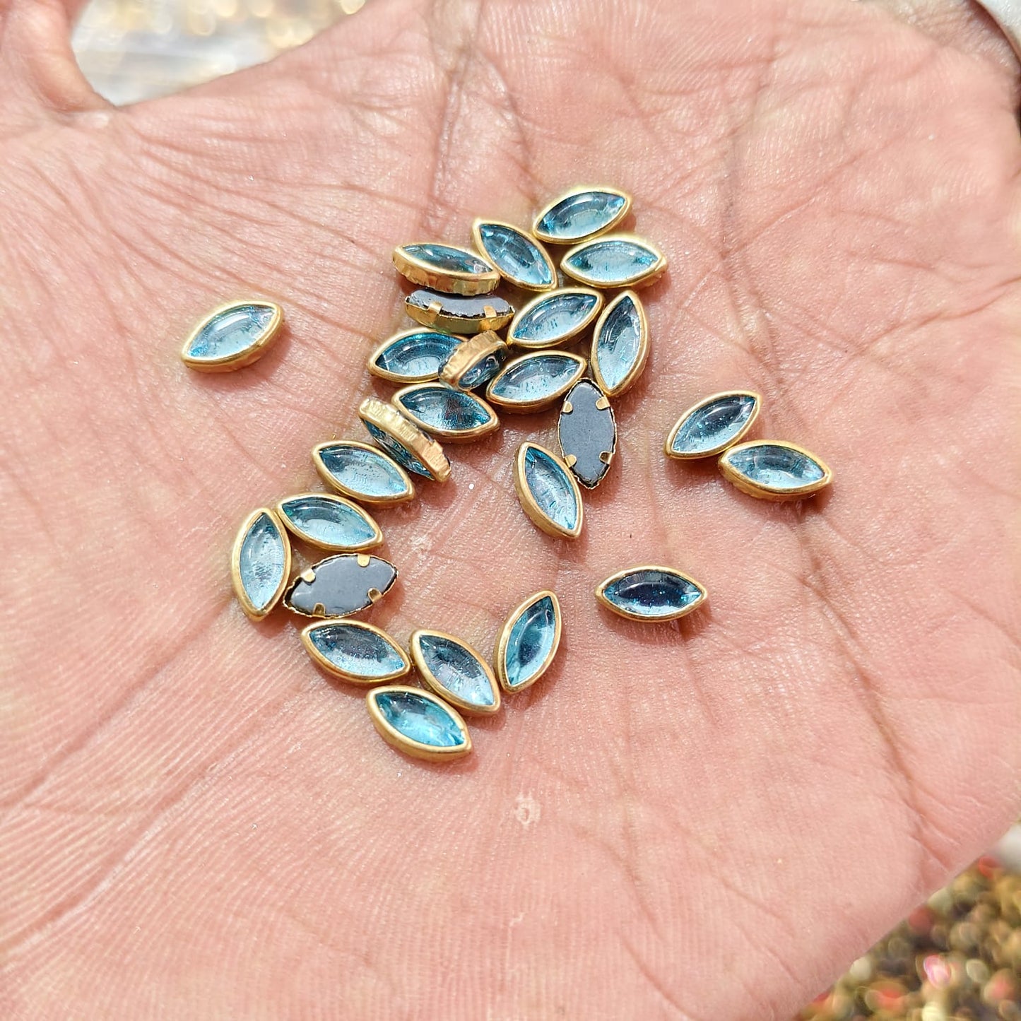 Big Size Eye Shape Sky Blue Fitting Stones for Silk Thread Bangles, Aari Work & Jewellery Making | Gold Finish | Pack of 20g & 50g – Kavitha Enterprises