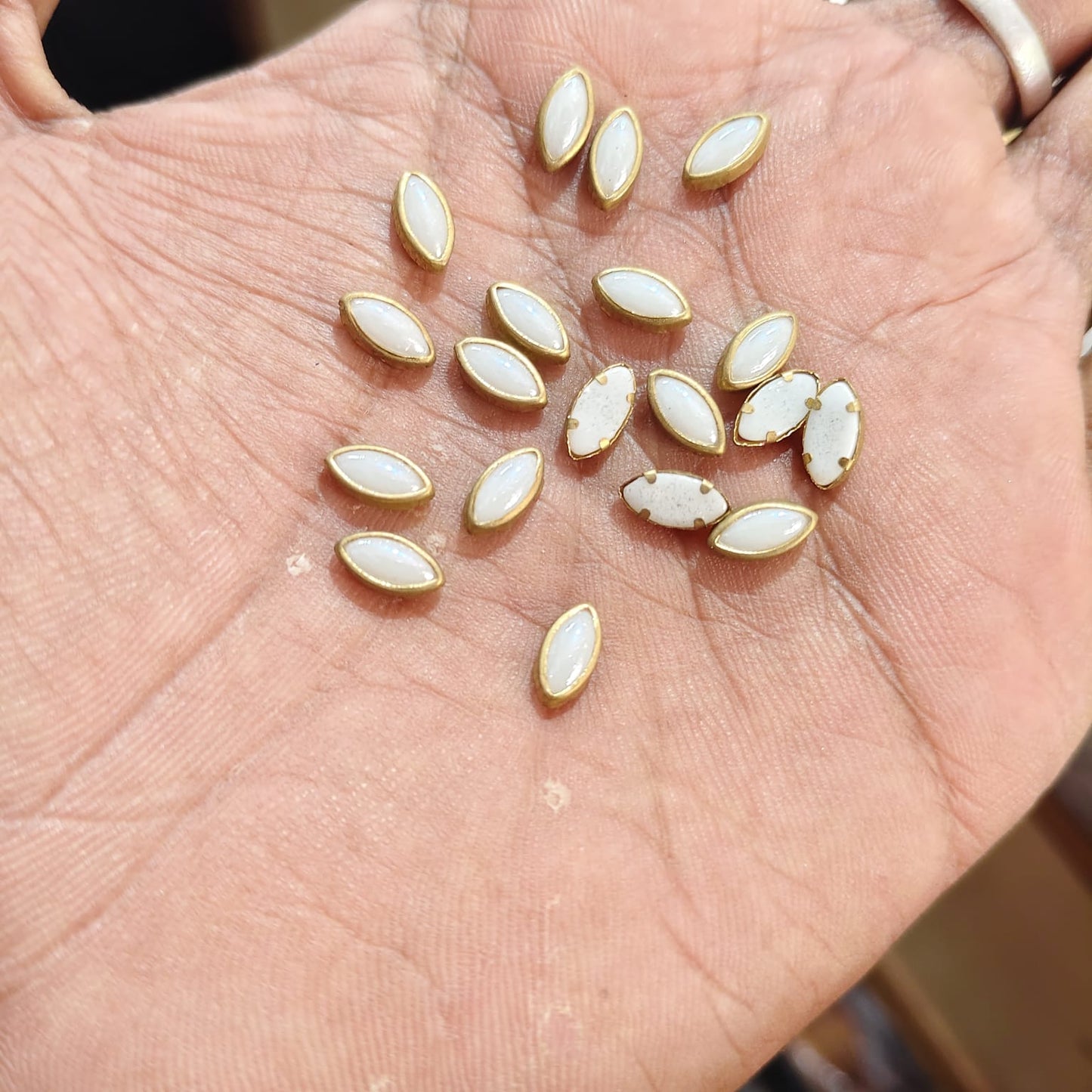 Big Size(4*8) Eye Shape Milky White Fitting Stones for Silk Thread Bangles, Aari Work & Jewellery Making | Gold Finish | Pack of 20g & 50g – Kavitha Enterprises