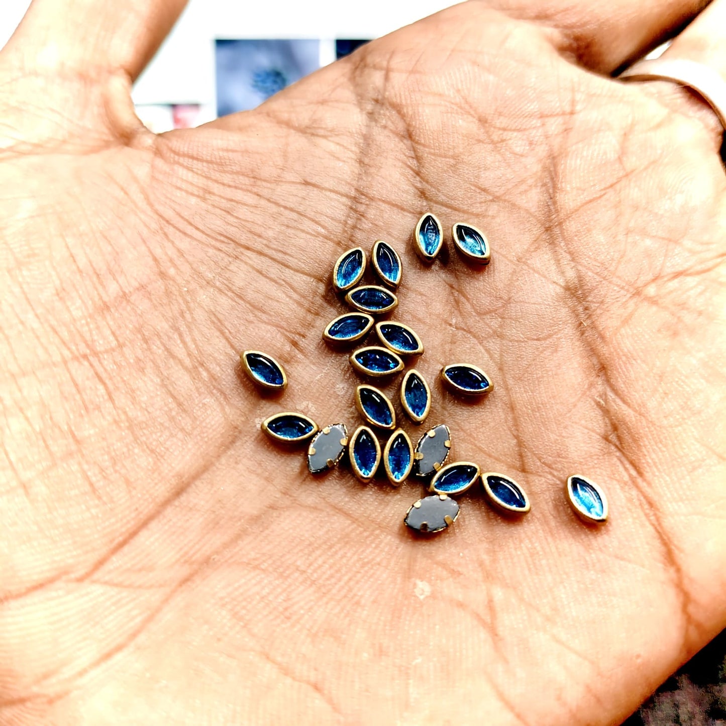 3x6MM Aqua Blue Eye Shape Fitting Stones for Aari Work, Silk Thread Bangles & Jewellery Making | Navette Kundan Stones Gold Finish | 20g & 50g – Kavitha Enterprises