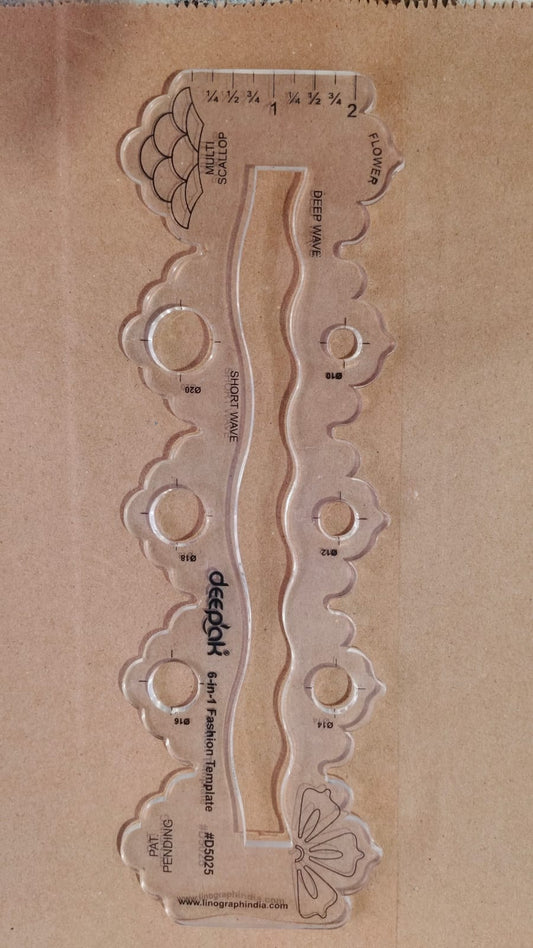 Deepak 6-in-1 Fashion Template Scale for Tailoring & Designing | Multi Curve, Scallop, Wave & Circle Shapes | Plastic Pattern Ruler | Pack of 1 Piece – Kavitha Enterprises