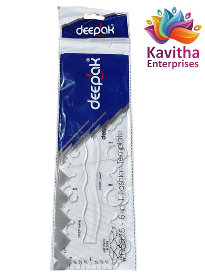 Deepak 6-in-1 Fashion Template Scale for Tailoring & Designing | Multi Curve, Scallop, Wave & Circle Shapes | Plastic Pattern Ruler | Pack of 1 Piece – Kavitha Enterprises