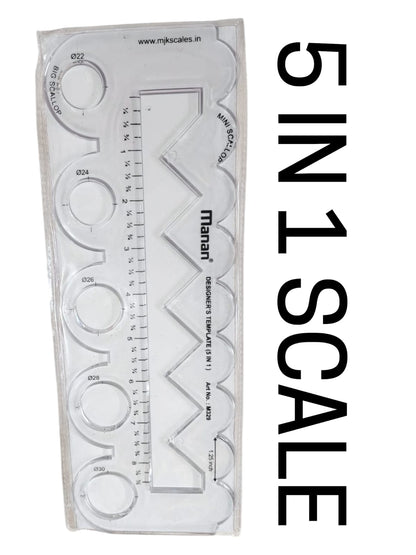 Manan 5-in-1 Designer Template Scale for Tailoring & Fashion Designing | Scallop, Triangle, Straight Scale & Circle Shapes | Transparent Plastic Ruler | Pack of 1 Piece – Kavitha Enterprises