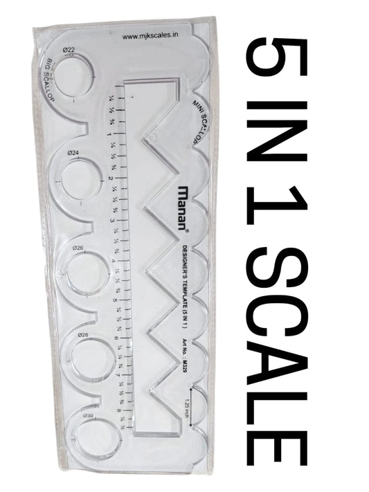 Manan 5-in-1 Designer Template Scale for Tailoring & Fashion Designing | Scallop, Triangle, Straight Scale & Circle Shapes | Transparent Plastic Ruler | Pack of 1 Piece – Kavitha Enterprises