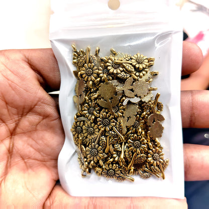 Antique Gold Flower Metal Charms for Saree Tassels, Jewellery & Craft – 40 Gram Pack