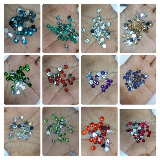 Kundan Stones for Aari Work/Embroidery and Jewellery Making - Round Shape, 5mm, Multiple Colors (Red, Green, Pink, Gold, Maroon, Purple, Multi, Light Pink, Parrot Green, Ink Blue, Sky Blue, Orange) - Available in 10gm and 50gm Quantities