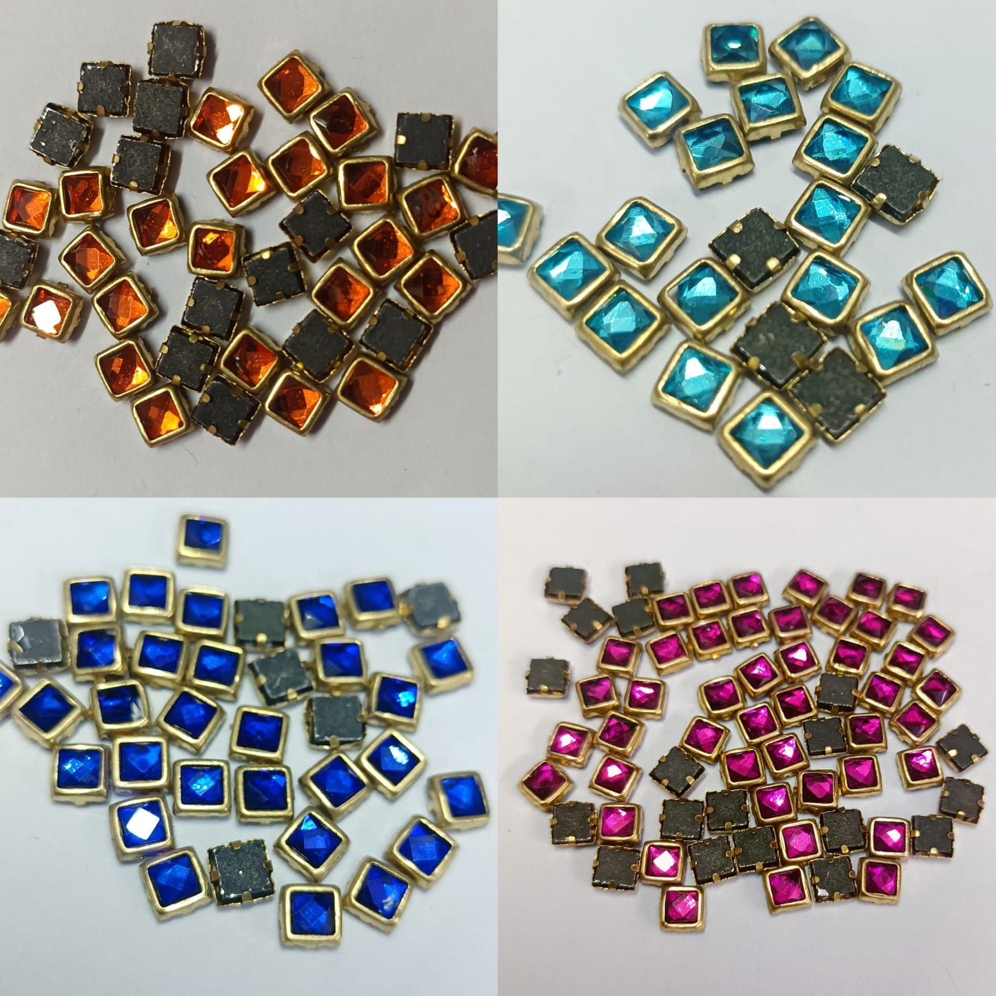 Glass Fitting Colour Kundan Stones for Embroidery, Craft and Jewellery Making (4 X 4 Squre Shape) 12 Colour Each  10 Gram