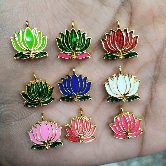 Lotus Shape Metal Charms Pendant for Jewelry & Craft, Saree Tassle| Multi-Color Enamel Lotus Design | Pack of 6 Pieces | Kavitha Enterprises