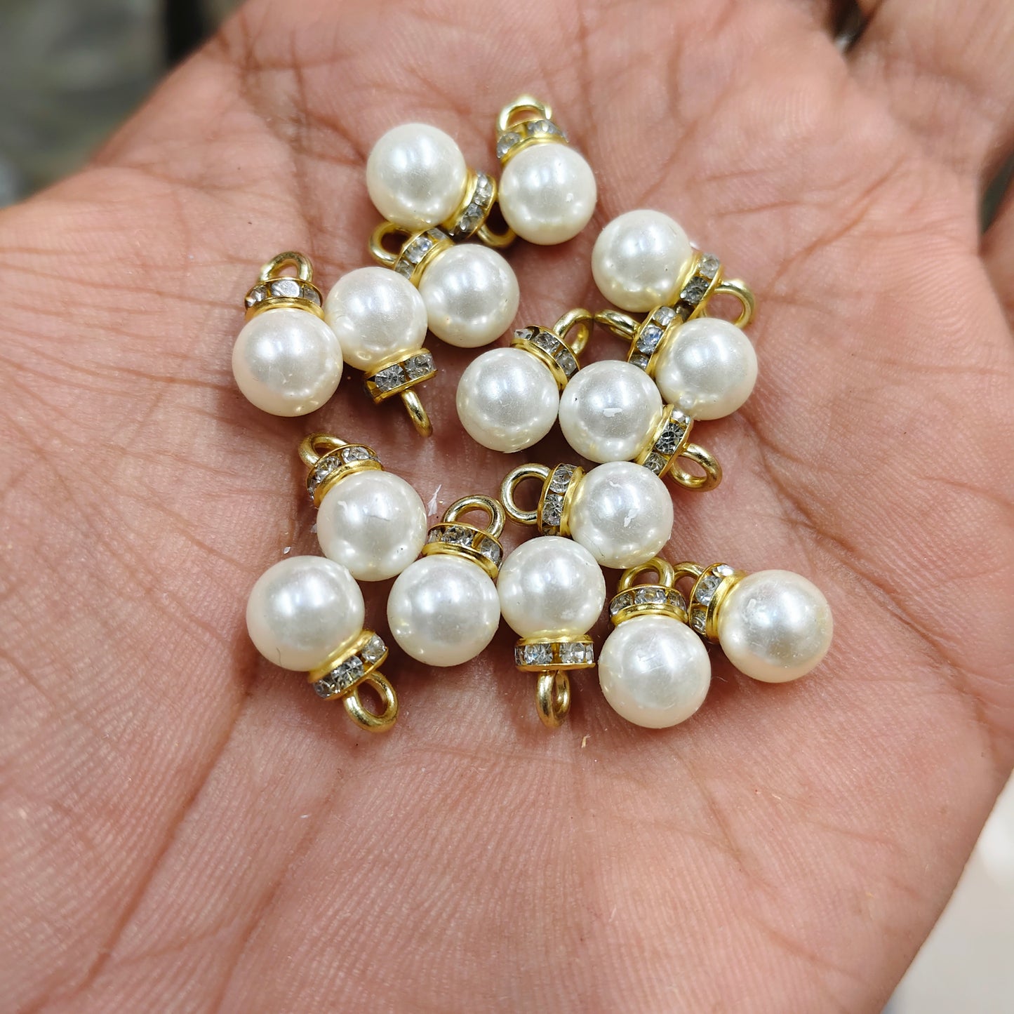 8mm Pearl Hanging Beads for Blouse Design & Jewellery Making | White Pearl Charms with Stone Cap | DIY Craft Accessories | Pack of 50 Pieces