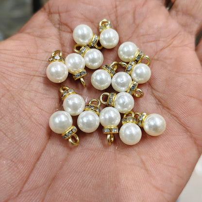 8mm Pearl Hanging Beads for Blouse Design & Jewellery Making | White Pearl Charms with Stone Cap | DIY Craft Accessories | Pack of 50 Pieces