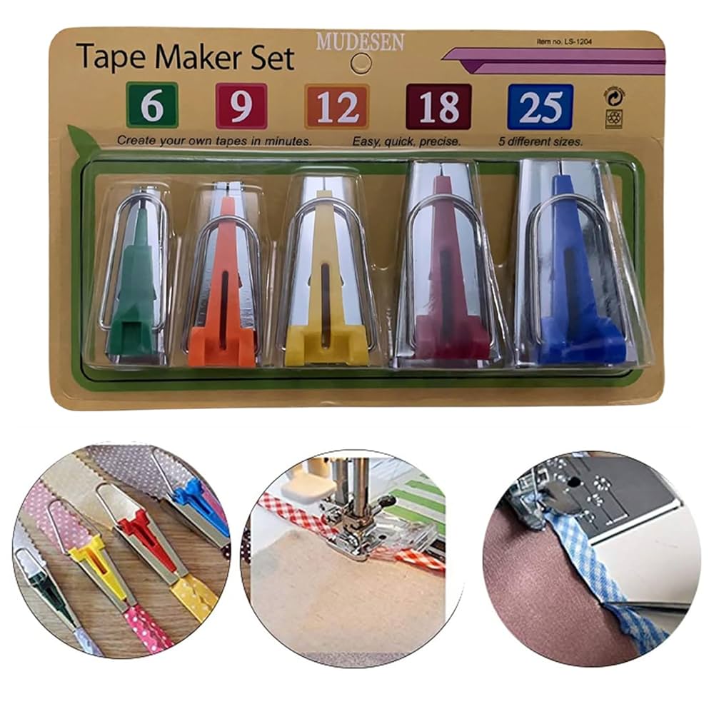 Tape Maker Set for Bias Binding – 5 Sizes (6mm, 9mm, 12mm, 18mm, 25mm) | DIY Sewing Quilting Tool Kit