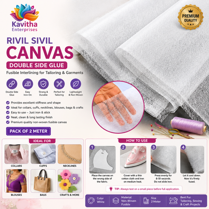 Rivil Sivil Canvas Fabric (Double Side Glue) for Tailoring & Garment Interlining | Fusible Non-Woven Canvas | Pack of 2 Meter | Kavitha Enterprises