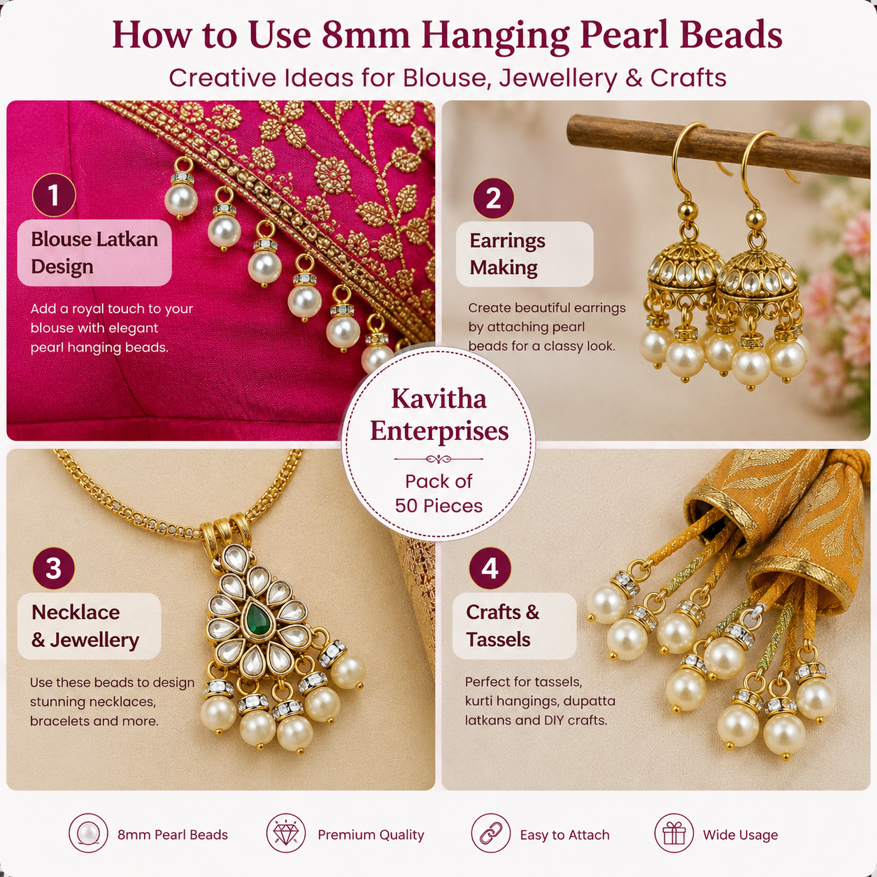 8mm Pearl Hanging Beads for Blouse Design & Jewellery Making | White Pearl Charms with Stone Cap | DIY Craft Accessories | Pack of 50 Pieces