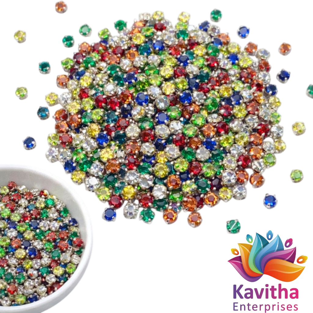4mm Multicolour Clip Stones for Aari Work & Jewellery Making | Green, Red, Yellow, Blue, Peach & Pista Kundan Setting Stones | Pack of 10g (Approx. 230 Pieces) – Kavitha Enterprises