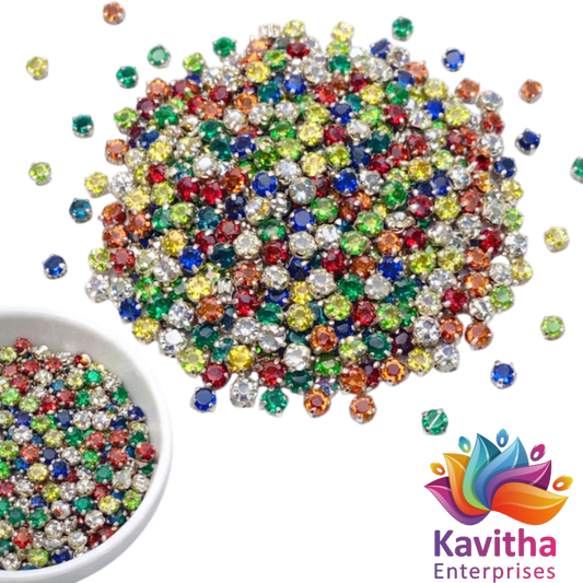 4mm Multicolour Clip Stones for Aari Work & Jewellery Making | Green, Red, Yellow, Blue, Peach & Pista Kundan Setting Stones | Pack of 10g (Approx. 230 Pieces) – Kavitha Enterprises
